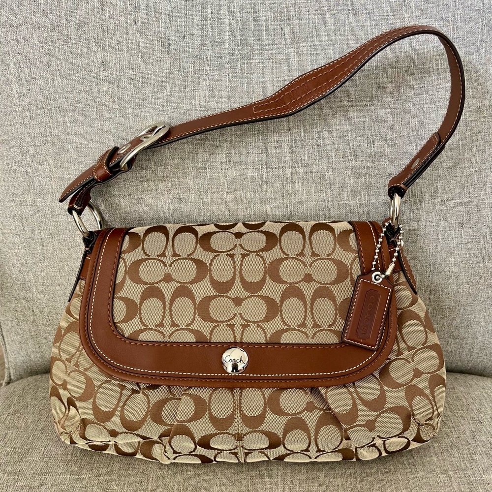 Coach Tan Canvas Leather Trim Logo Shoulder Hobo Bag F13739